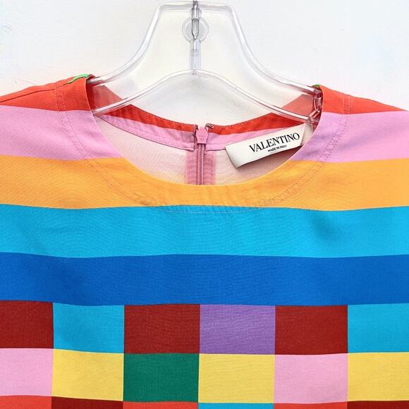 Valentino 1973 Check Panama Silk Top Rainbow Blouse Multicolor Stripe - Picture 4 of 12